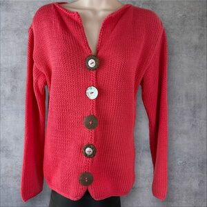 Pure Handknit Cardigan Womens Size XS/S Big Buttons Chunky Knit Coral (864)